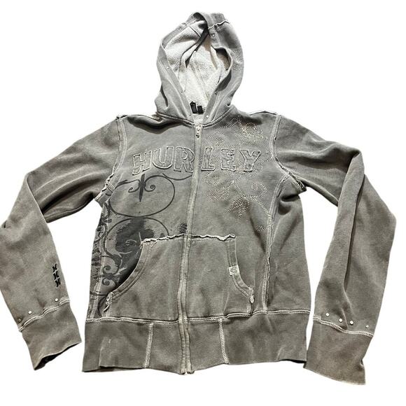 Hurley Tops - Vintage‎ Y2K Hurley Skater Grunge Gray Hoodie Studded Emrbroidered Womens Medium